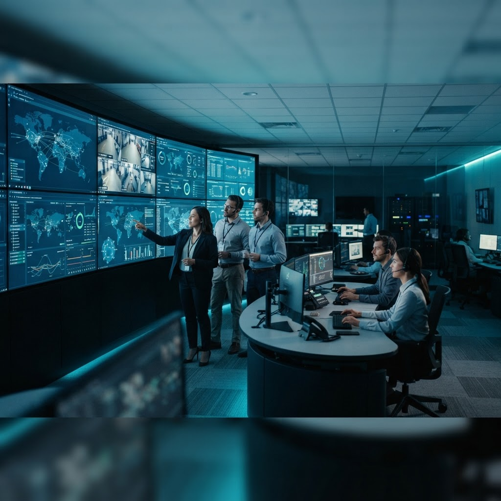 Engineers collaborating in an enterprise video and network operations centre