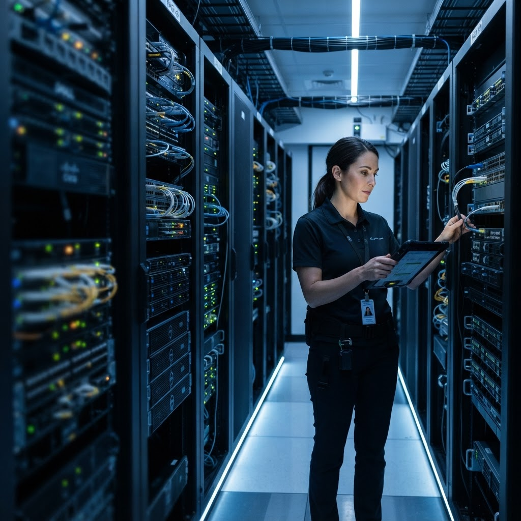 Technician reviewing enterprise server and networking infrastructure